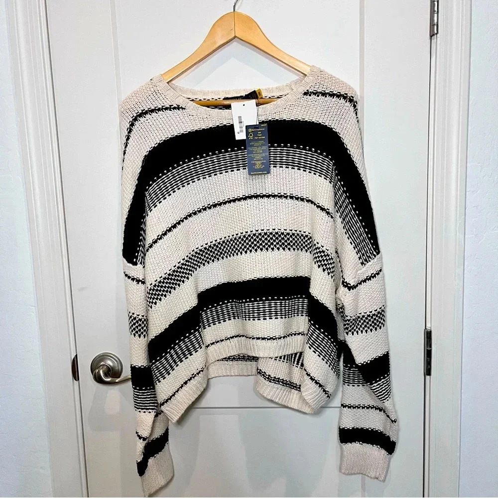 NWT Ralph Lauren Cream Black Stripe Cotton and Wool Oversized Slouchy Sweater XL